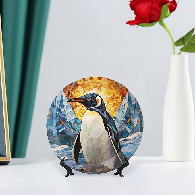 Decorative Plates for Wall Hanging, Lovely Penguin Watercolor Stained Glass Painting Ceramic Plate w/Display Stand, Home Decor for Kitchen Cabinets, Round Tray 6 Inch, Gift for Penguin Lovers