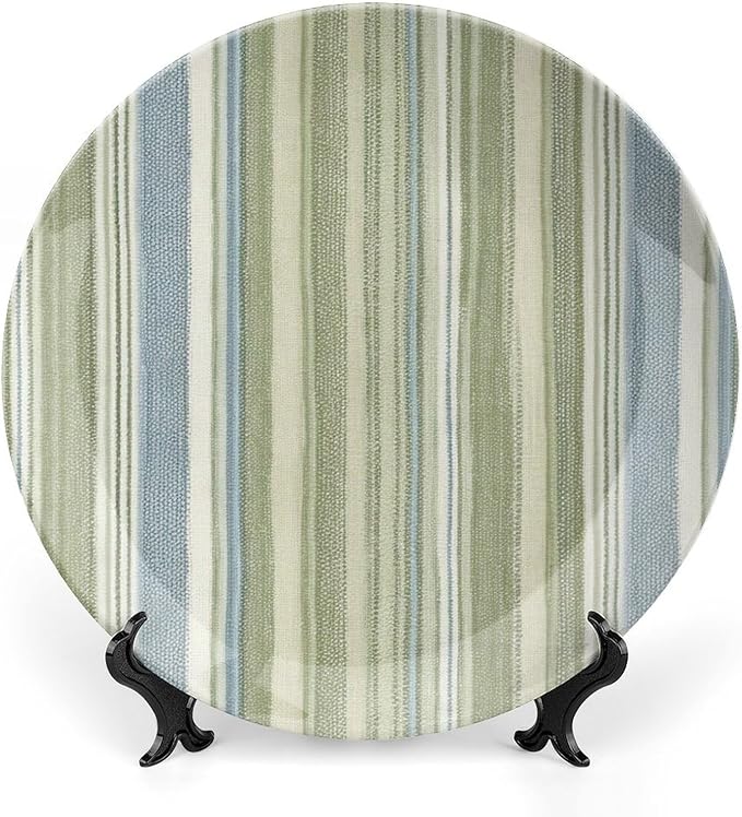 Christmas Plates Ceramic for Display Spring Sage Green Stripes Housewarming Gifts Art Decoration Supplies Wall Art Hanging Plate with Display Stand Personalized Gifts for Men Women, 6", 7", 8", 10"
