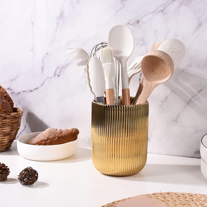 Utensil Holder, Ceramic Kitchen Gold Utensil Holder for Countertop,Cooking Utensil Crocks for Kitchen Counter 5.1 W x 6.6 H inches（stripes）