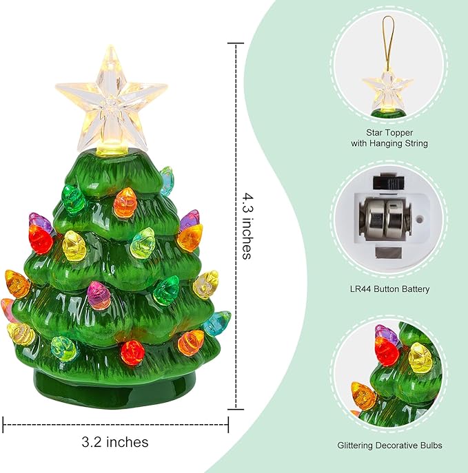 Brightown 4.3 Inch Mini Ceramic Christmas Tree Set - 4 Pack Tabletop Christmas Tree with Multicolored LED Lights, Battery Operated Small Lighted Tree for Home Office Table Holiday Decor, 4 Colors