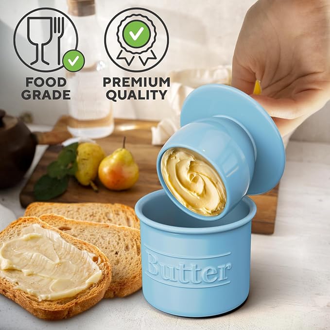 Premium Butter Crock with Lid - Original Design French Butter Dish - Beautiful Ceramic Butter Keeper for Counter with Water Line - Perfect to Keep Butter Soft and Spreadable - Light Blue