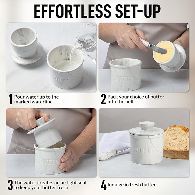 Zulay Kitchen Bell Shaped Butter Crock with Lid for Countertop with Water Line & Spreader Knife, Ceramic French Butter Dish Keeper For Fresh, Soft & Spreadable Butter - Marble