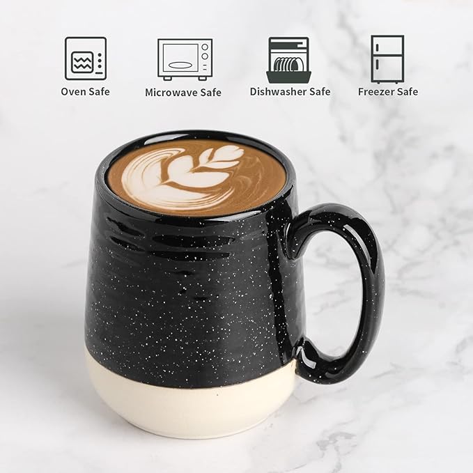 HASENSE Coffee Mugs Set of 4, 15 Ounce Ceramic Coffee Cups with Handles, Porcelain Large Latte Mug for Coffee Cappuccino Tea, Black Mugs for Men, Women Christmas Holiday Gift