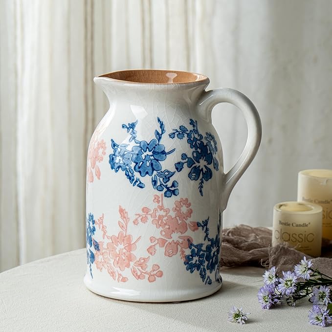 Pink Blue and White Pitcher Vase, 8 Inch Vintage Chinoiserie Ceramic Flower Vase, Rustic Retro Ice Cracked Antique Porcelain Vases for Home Farmhouse Table Centerpieces Shelf Decor ﻿