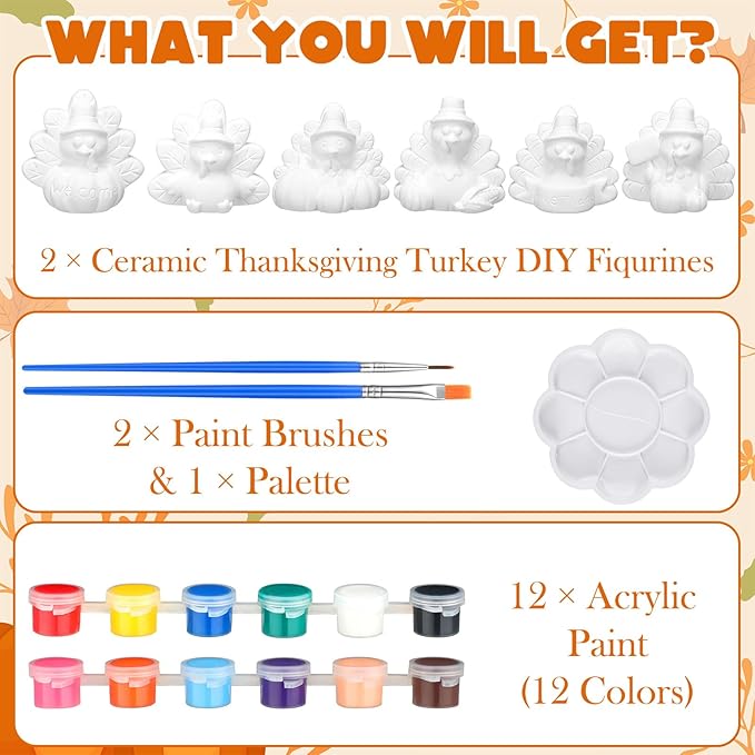 Eersida 6 Sets Gnome Ceramics to Paint Pumpkin Ready to Paint Your Own Ceramic Gnome Statues DIY Unpainted Ceramics Paintable Figurines Kit Crafts with Brush Palette(Thanksgiving Turkey)