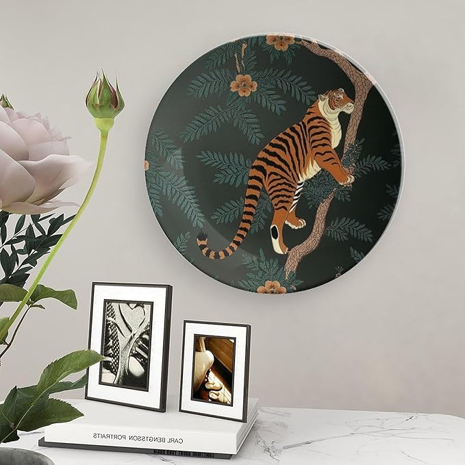 Tiger And Peacock China Plates, Wild Tiger Stripe Forset Chinoiserie Customize Hanging Decorative Tiles for Art Decoration Club Table Decor, with Vertical Stand Art Decorations for Display Household