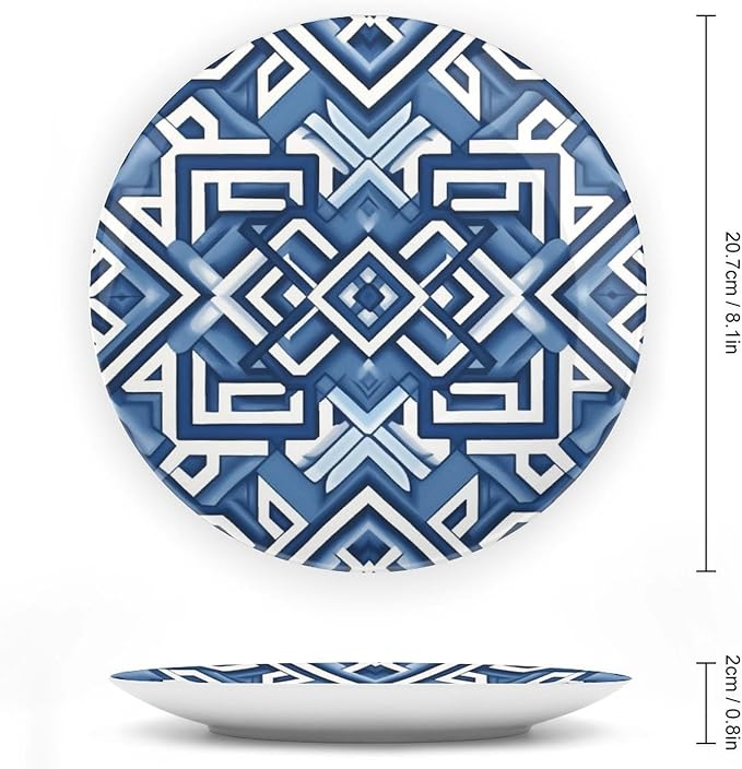 Navy Blue Geometric Ceramic Decorative Plate, Custom Bone China Decorative Plate for Festival Kitchen Table Decor, Unique Art with Stand Art Decorations for Club Farmhouse