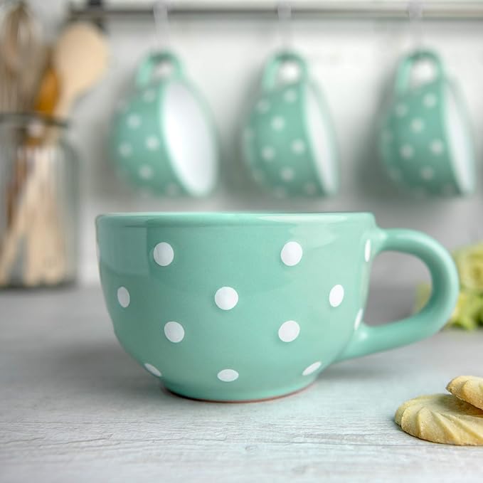 City to Cottage Handmade Ceramic Designer Teal Blue and White Polka Dot Cup, Unique Extra Large 17.5oz/500ml Pottery Cappuccino, Coffee, Tea, Soup Mug | Housewarming Gift for Tea Lovers