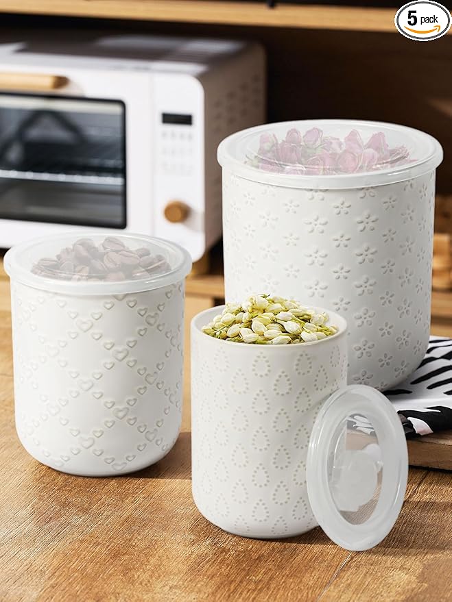 Kitchen Utensil Holder for Countertop, Ceramic Utensil Holder for Kitchen Counter, Set of 3, Kitchen Decor, Utensil Organizer for Spatulas and Spoons, Flower Arrangement and Storage for Coffee (White)