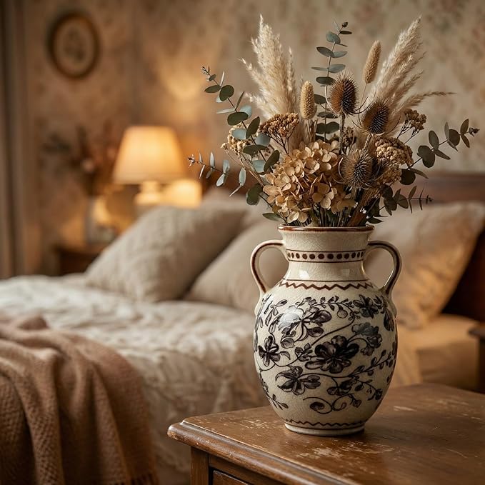 EFISPSS Ceramic Vintage Vase,Chinoiserie Rustic Farmhouse Floral Spring Decor for Home Decor Living Room Fireplace Office, Grey 8.4In