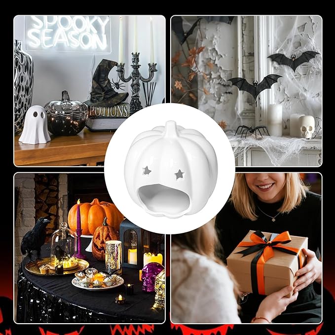 Halloween Pumpkin Stars Ceramic Candle Holder Cute White Pumpkin Designs Tealight Candlestick Table Centerpiece for Halloween Party Office Desk Decorative Candle Holder