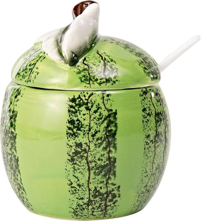 Hand-painted Ceramic Fruit Shape Sugar Bowl Spice Jar Seasoning Pot with Lid Spoon (Watermelon)