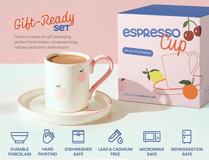 KooK Espresso Cups and Saucers, Hand Painted, Porcelain Demitasse Set with Colorful Fruit Patterns, Dishwasher & Microwave Safe, Holiday Gift, 3 oz, Set of 4