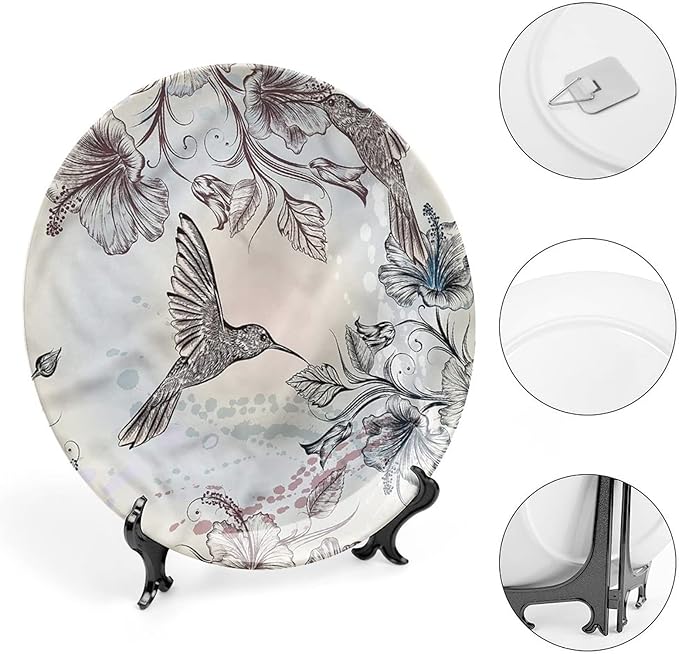 XISUNYA 6 Inch Decorative Plate, Hummingbird Ceramic Stoneware, Birds Hibiscus Flowers Print Ceramic Wall Hanging Decor Accessory for Dining Table Tabletop Home Decor