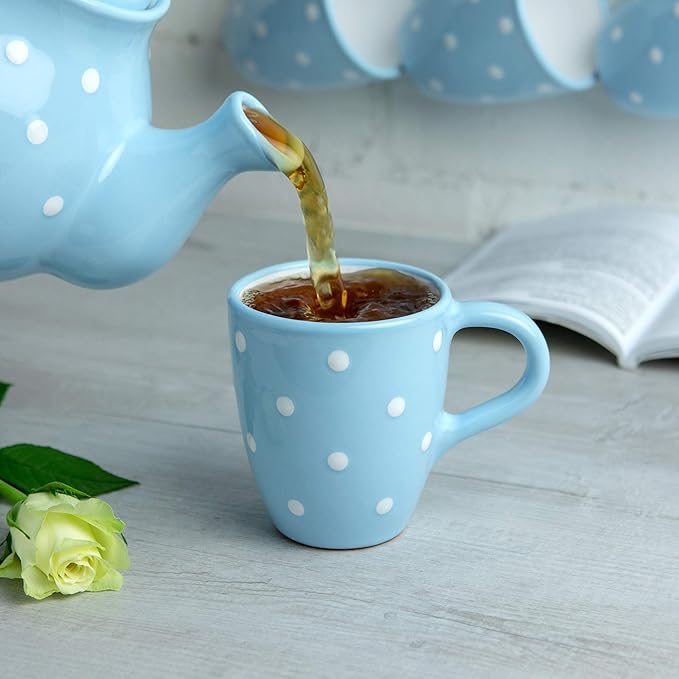 City to Cottage Ceramic Cappuccino Mug with Large Handle, 10oz Coffee Mug for Latte Hot Chocholate Tea, Daily Morning Dring at Home Office Work, Christmas Housewarming Gift, Sky Baby Blue Polka Dot