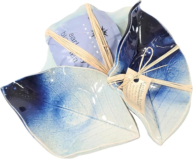 Earthen Vessels Pottery, Handmade, Hydrangea Leaf, Tea Bag Holder, Teaspoon Rest or Ring Dish, Set of 3 in Starry Night Blue