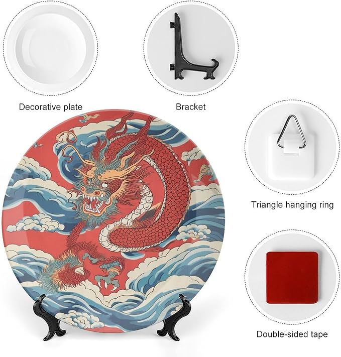 Vintage Plates Red Dragon Chinoiserie Asian Inspired Personalized Decor for Display Home Art Decoration Club Hanging Decorative Tiles with Vertical Stand, Multi Sizes by Choosing, Gifts for Men Women