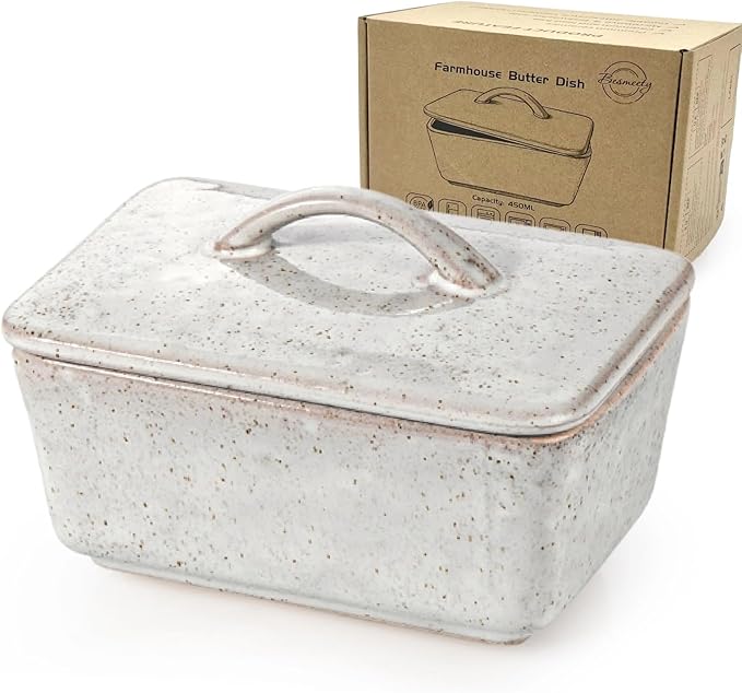 Besmeety Ceramic Butter Dish with Lid for Countertop, European 250g Butter Keeper, Vintage Farmhouse Decor (Gray)