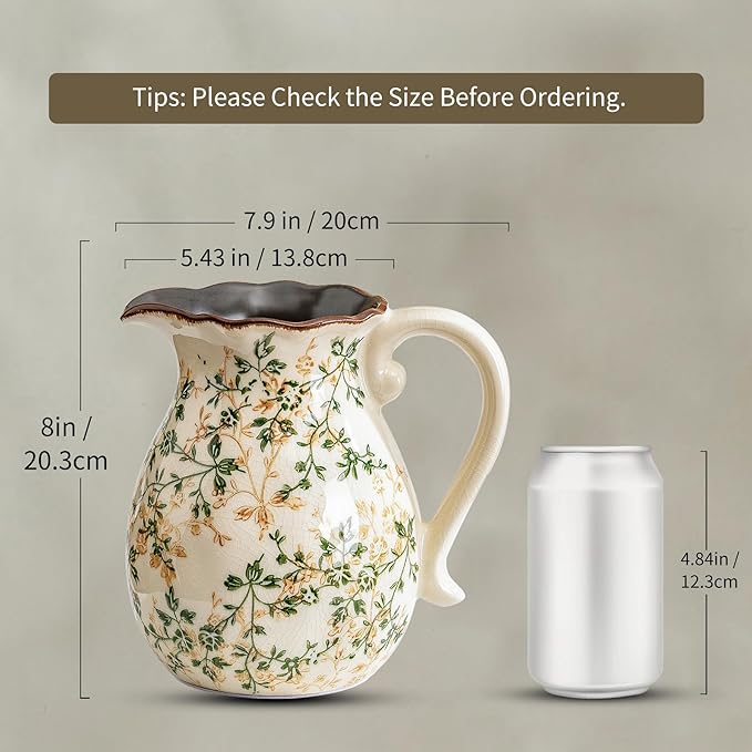 Green and White Vintage Vase with Handle, Chinoiserie Floral Pitcher Vase, Rustic Ceramic Farmhouse Vases for Home Decor, Living Room, Bookshelf, Office, Grand Millennial Decors, Tuscan Decor 7.9 Inch