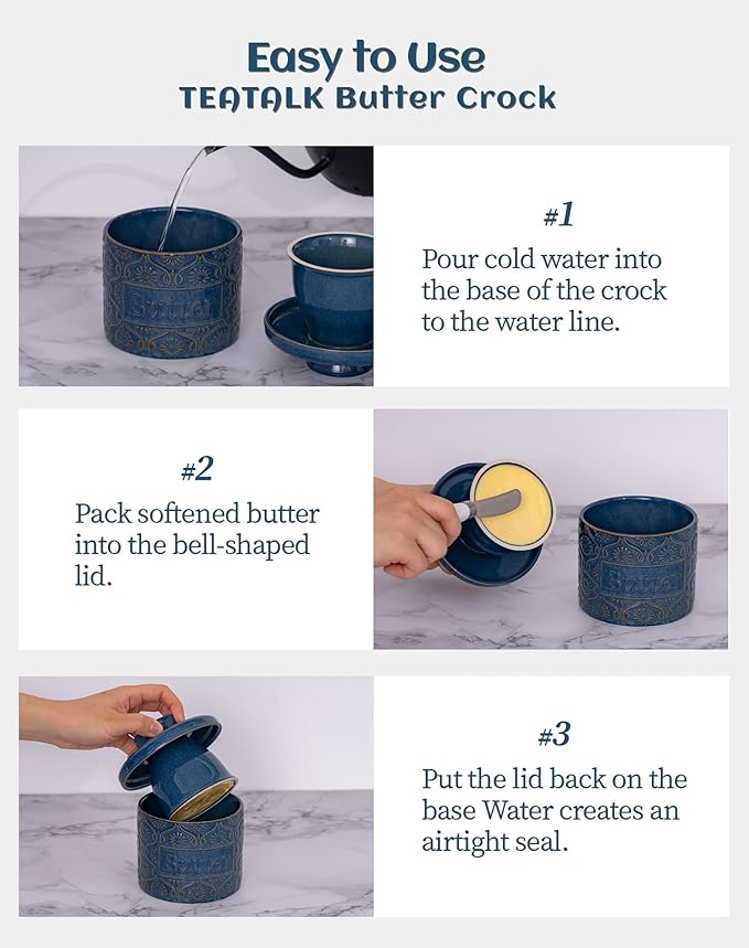 TEATALK Ceramic French Butter Crock - Vintage Relief Pattern Butter Keeper with Water Seal, 6.7oz Midnight Blue Butter Dish for Fresh Spreadable Butter, Farmhouse Kitchen Decor & Gift
