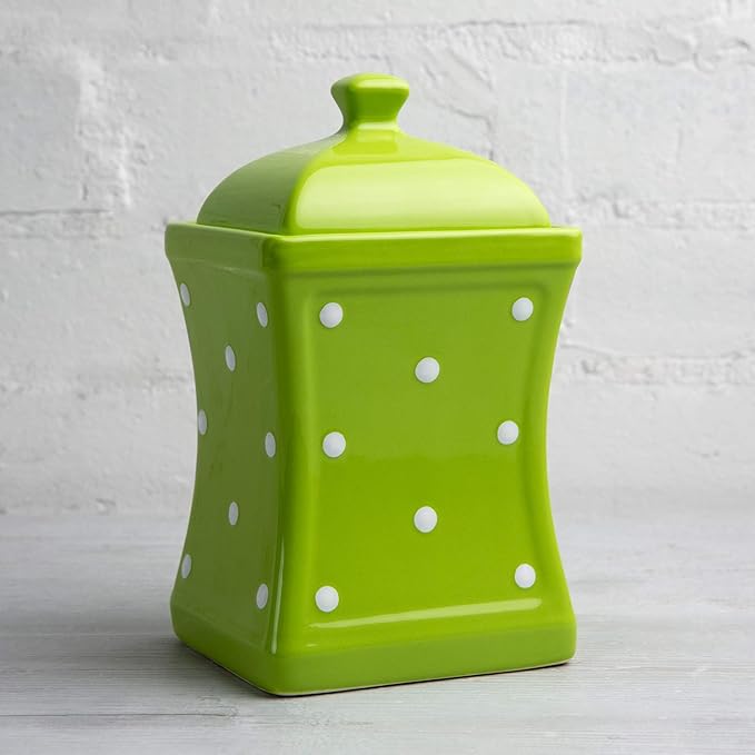 City to Cottage Handmade Lime Green and White Polka Dot Large Ceramic 31.5oz/900ml Kitchen Storage Jar with Lid | Pottery Canister, Cookie Jar, Housewarming Gift