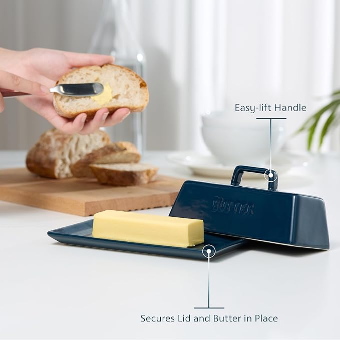 Butter Dish with Lid for Countertop, by Kook, Ceramic Dish Tray with Cover, Kitchen Keeper, Container, Holder (Navy)