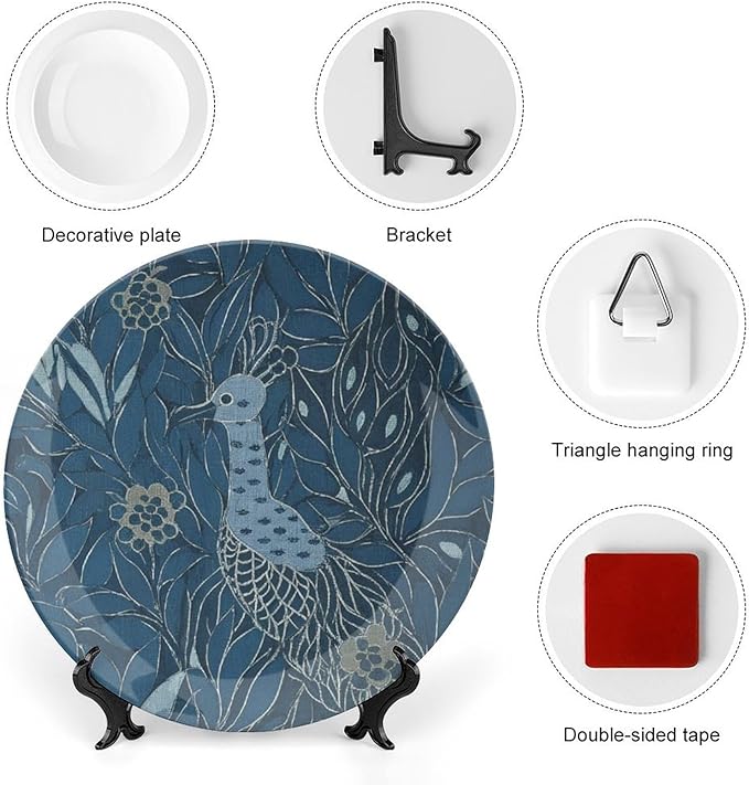 Plates Ceramic Blue Chinoiserie Bird Custom Decor for Display Home Festival Housewarming Gifts Ceramic Ornaments Dessert Plates Unique Art with Stand, Multi Sizes by Choosing, Gifts for Men Women