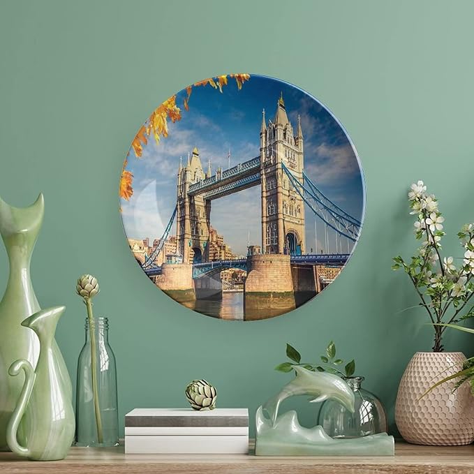 XISUNYA 8 Inch Decorative Plate, London Porcelain Plate, Historical Tower Bridge Mossy Abutments Autumnal Leaves Print Ornament Display Plate Handmade Plate Wedding Gifts, Yellow Blue Ivory