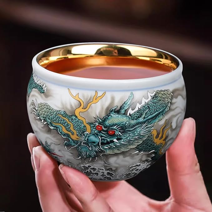 Ceramic Kungfu Tea Cup Azure Dragon Traditional Tea Mug Chinese Enamel Cup Hand-Painted Dragon Patterns Porcelain Bowls Tea Ceremony Set for Home Bar Club Tea Room