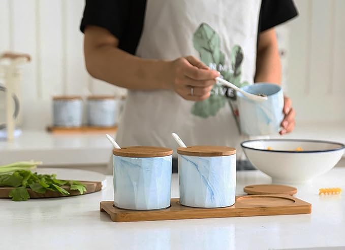 Set of 3 Marble Ceramic Condiment Spice Jars With Spoons and Bamboo Lids and Tray (Blue)