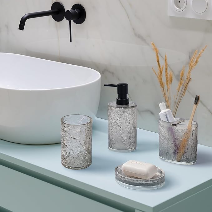 Modern 4 Pcs Resin Bathroom Accessories Set: Soap Dispenser, Toothbrush Holder, Tumbler, Soap Dish, Unbreakable, Durable, Easy to Clean, Bark Pattern, Translucent Black