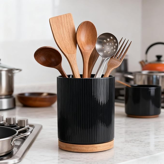 QUELIEN Utensil Holder, 360° Rotating Ceramic Kitchen Utensil Holder for Countertop, 7.7" Utensil Crock for Kitchen Counter with Rotatable Wooden Base,Ideal Housewarming Gift & Mothers Day Gift