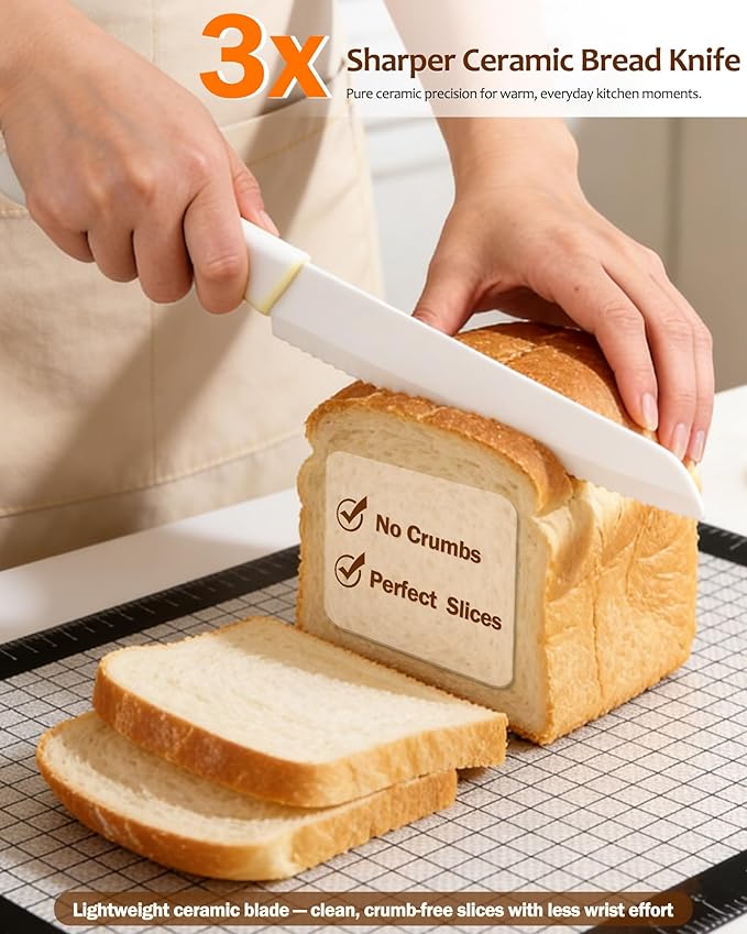 Bread Knife for Homemade Bread, Ceramic Serrated Sourdough Bread Slicer Set with Measuring Baking Mat & Cover, 12” Precision Cutting Knife for Artisan Loaves & Baking