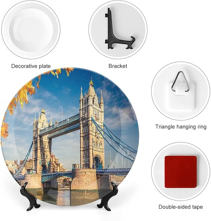 XISUNYA 10 Inch Decorative Plate, London Ceramic Craft, Historical Tower Bridge Mossy Abutments Autumnal Leaves Print Ceramic Wall Hanging Decor Accessory for Dining Table Tabletop Home Decor