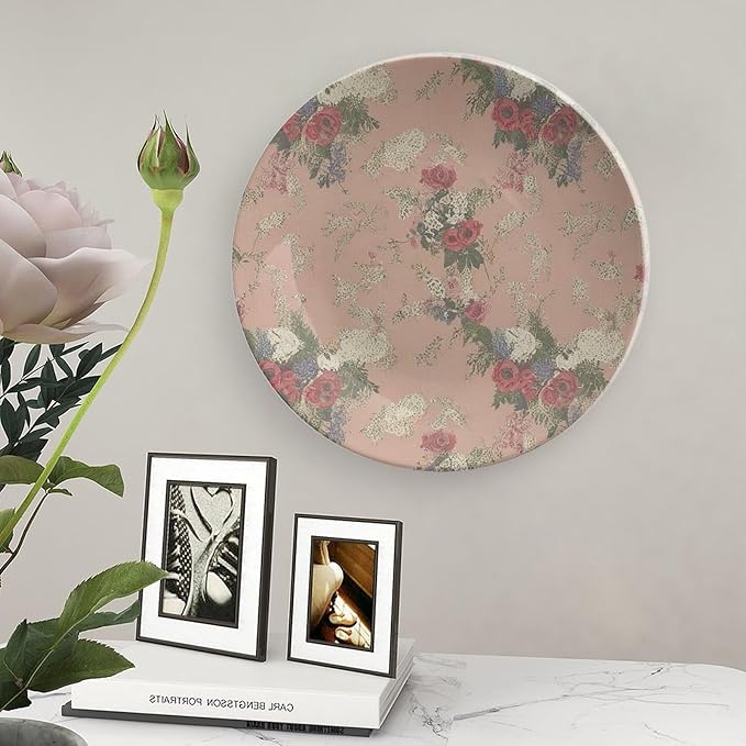Home Decorations Decorative Plate, French Garden Thibaut Floral Coral Custom Christmas Gifts Wall Hanging Decoration for Table Home Wedding Decor, Unique Art with Stand