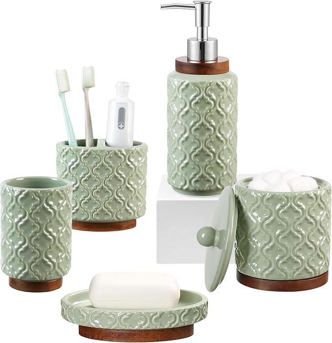 Elegant 5 PCS Ceramic&Wood Bathroom Accessories Set:Soap Dispenser,Toothbrush Holder,Tumbler,Soap Dish,Cotton Swab Jar,Easy to Clean,Quatrefoil Pattern,Green-Affordable Home Luxury