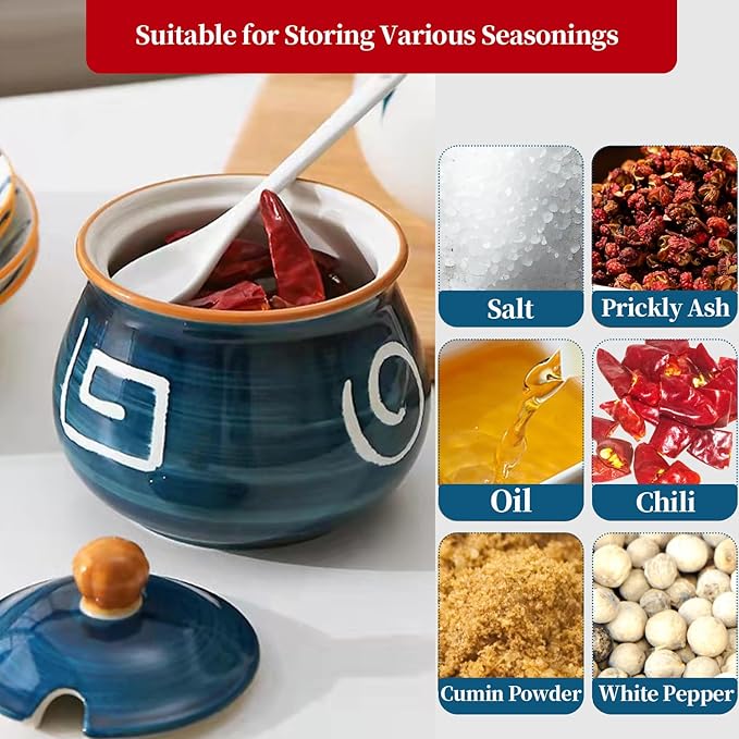 Kitchen Ceramic Condiment Jars with Lids and Spoons, 3 Piece Porcelain Seasoning Jar Set for Salt Spice Pepper Suger Bowl, Coffee Tea Container Pot with Serving Tray - Japanese Style