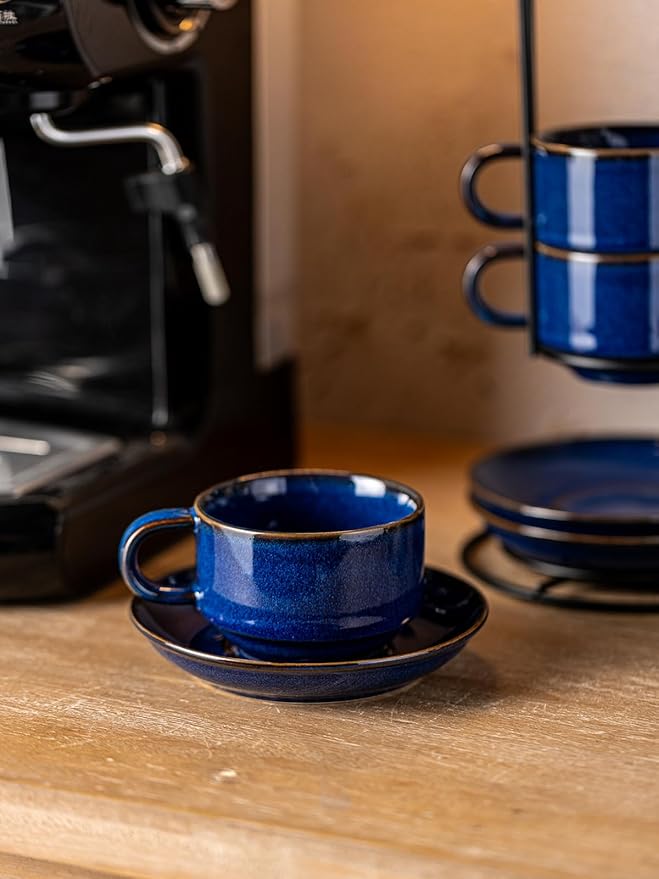 Gomakren 6 Ounce Cappuccino Cups with Saucers and Metal Stand, Stackable Coffee Cup Set of 4, Valentine Porcelain Espresso Cups for Coffee Drinks, Cappuccino, Latte, Americano, Tea, Cobalt Blue