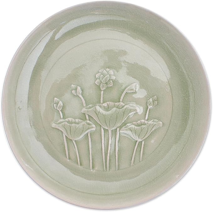 NOVICA Artisan Handmade Celadon Ceramic Dinner Plate Green Lotus Flower Thailand Tableware Dinnerware Floral [1.2in H x 10in Diam.] 'Flavorful'