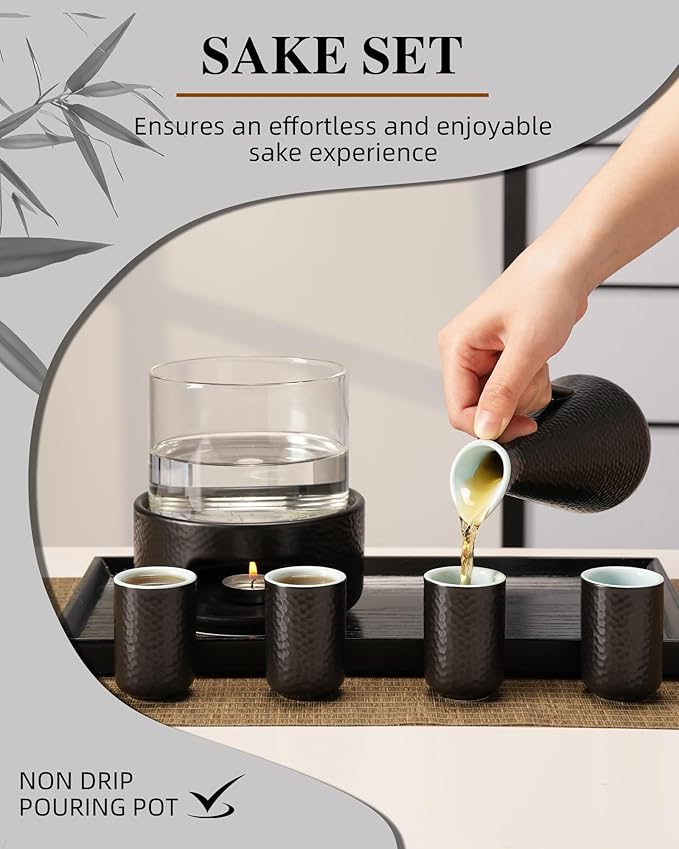 ZENS Sake Set with Warmer, 12 Ounce Embossed Ceramic Sake Bottle 6 Sake Cups and Glass Pot for Hot or Cold Japanese Sake, Black Sake Carafe Gift Sets with Cotton Towel