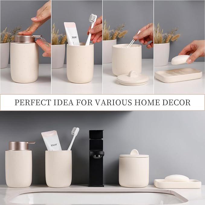 BosilunLife Apricot Bathroom Accessories Set - Ceramic Bathroom Accessories Sets Complete Foaming Soap Dispenser and Toothbrush Holder Set, Soap Dish, Qtip & Cotton Ball Holder Modern Bathroom Set