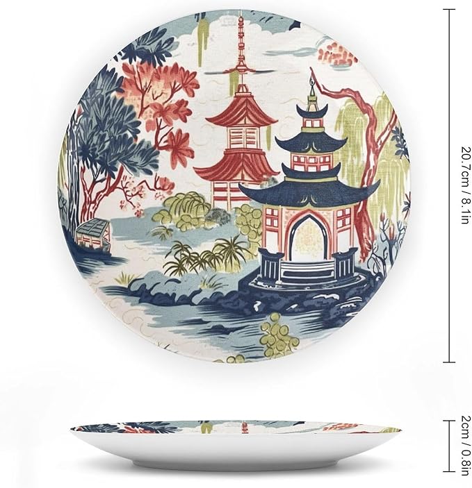 Chinoiserie Pagoda White Coral Blue Asian Decorative Plate of 6", 7", 9", 10", Customize Chinoiserie Decor Pagoda Bone China Decorative Plate, Festival Club Decorations Office, with Vertical Stand
