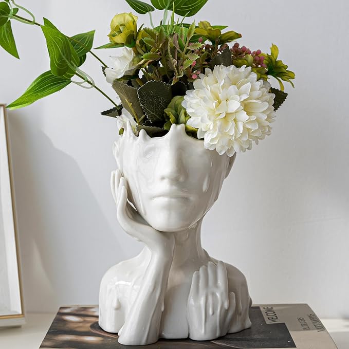Face Planters Pots Head Planter, Succulent Planters for Indoor Outdoor Plants, Boho Lady Face Flower Pots with Drainage Hole, White Ceramic pots for Plants, Large Plant Pots Gift
