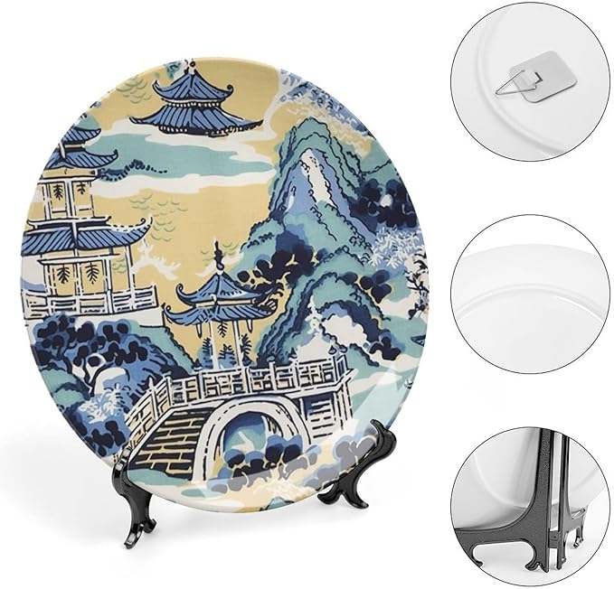 Blue And White Chinoiserie Pagoda Ming Toile Asian Decorative Plate for Display Art Decoration Household Supplies Kitchen Wall Holiday Party Decorations Customize Gifts for Men Women Christmas
