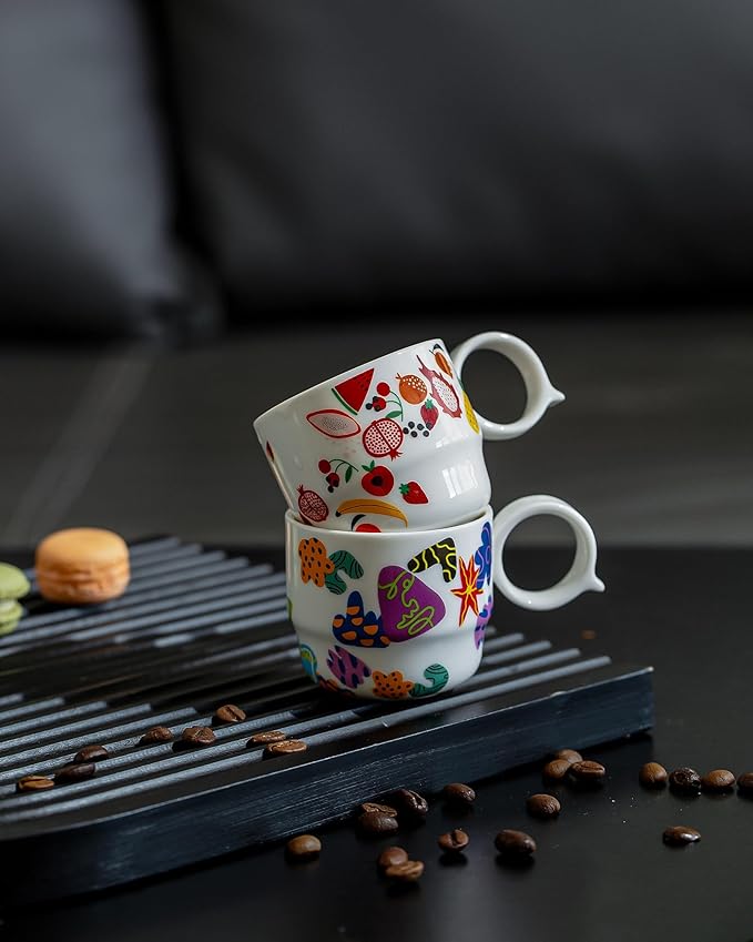 Ceramic Espresso Cups Set of 2 – Mini 3 oz Double Espresso Coffee Cups Small Espresso Shot Cups with Cute Q Handle, Gift for Coffee Lovers, Floral and fruit Patterns-White