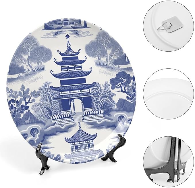 Chinoiserie Blue Asian Pagoda Decorative Plate of 6", 7", 9", 10", Personalized Hand Painted Wall Hanging Decor, Club Festival Decorations Household, Unique Art with Stand