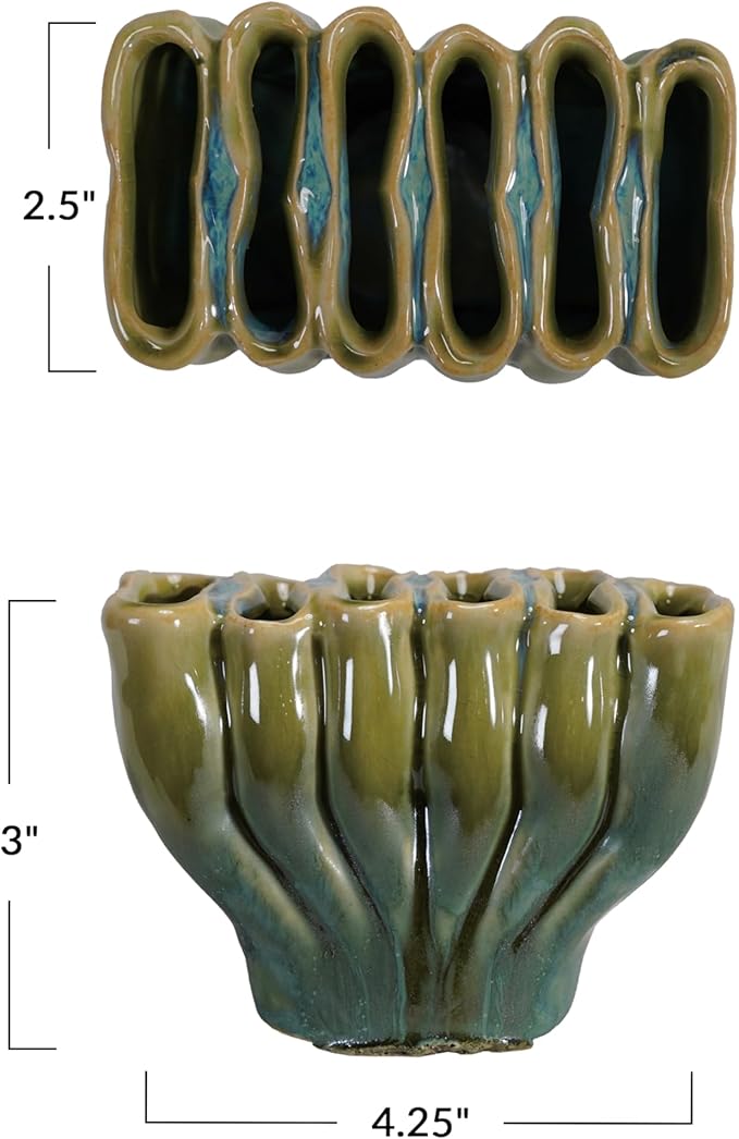 Creative Co-Op Stoneware Sculptural Vase with 6 Sections with Reactive Glaze, Green