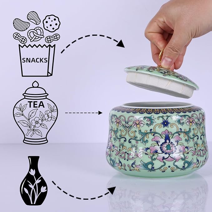 Handmade Chinoiserie Enamel Ginger Jar with Lid,Decorative Storage Jar for Loose Tea,Nuts & Snacks,Ceramic Vase Style Home Decor Canister,Colorful Jar for Kitchen,Living Room (Green Jar)