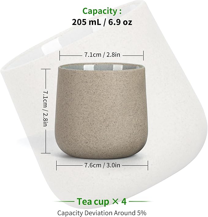 TEANAGOO Japanese Tea Cups Set of 4pcs, 6.9oz/205ml Elegant Ceramic Matcha Cups with Flat Base, Darker Grey Handleless Coffee Mugs, Microwave & Dishwasher Safe, Beautiful Gift Box