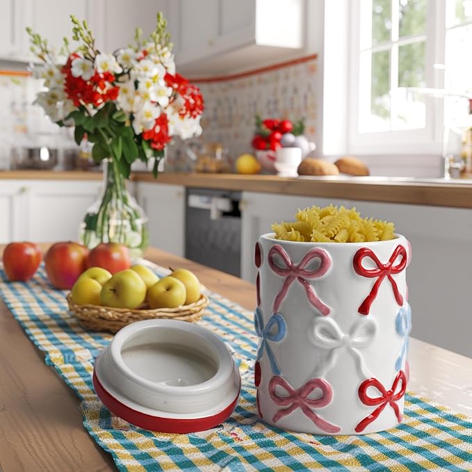 Cookie Jars with Lid Airtight, 42 OZ Large Ceramic Food Storage Containers, Red Bow Kitchen Canisters for Countertop, Suitable for Home Decor of Coffee, Sugar, Tea, Flour, Dog Treat (7.5 In)